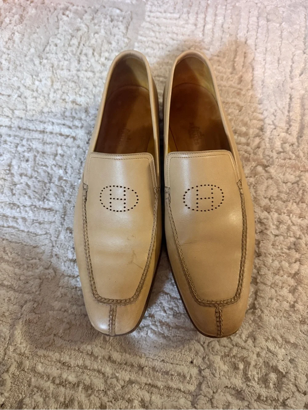 Hermes Light Beige Leather Men's Slip-On Loafers with Perforated Logo